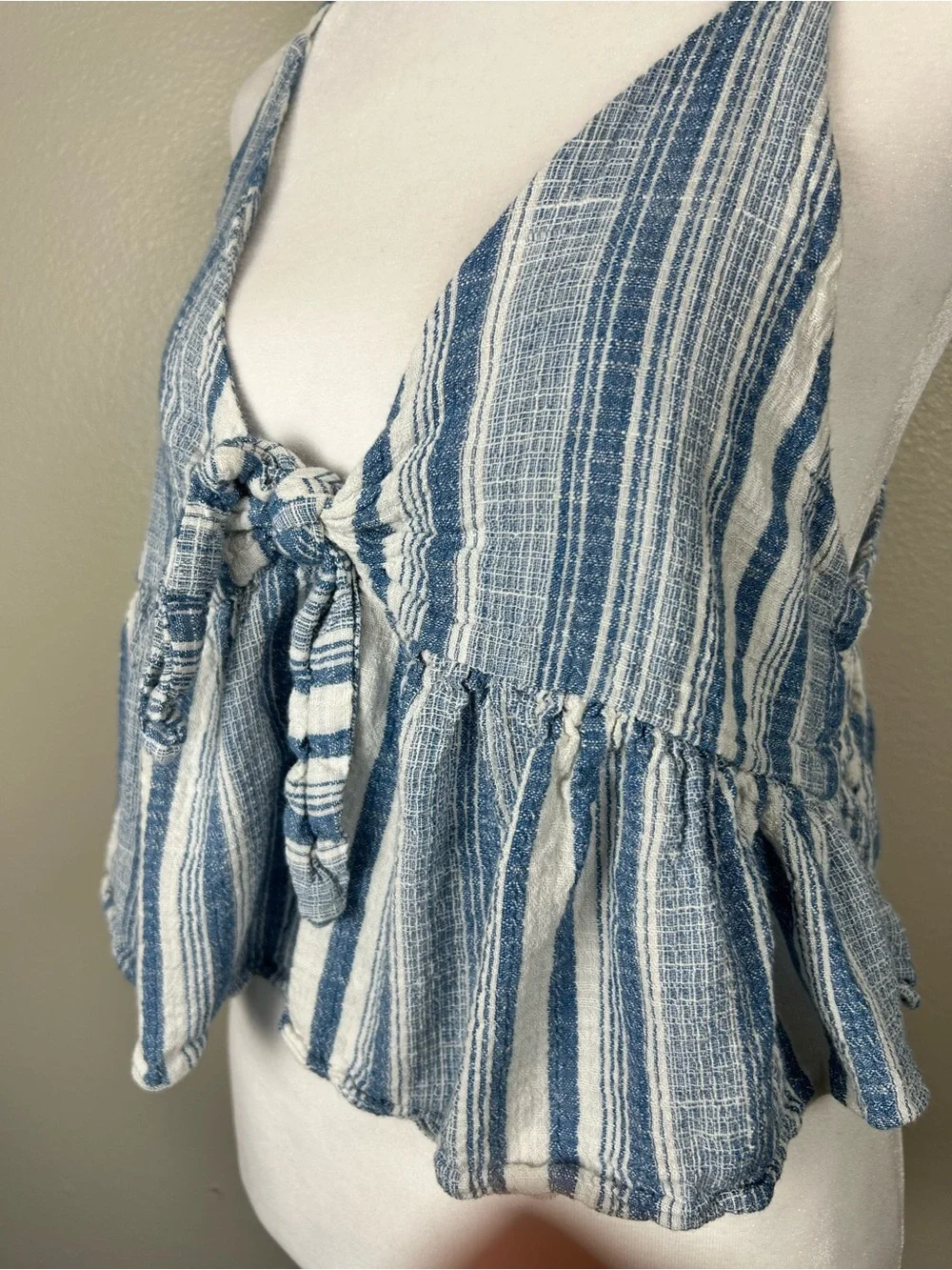 Free People Striped Blue Tie-Front Peplum Cami Top Size Small